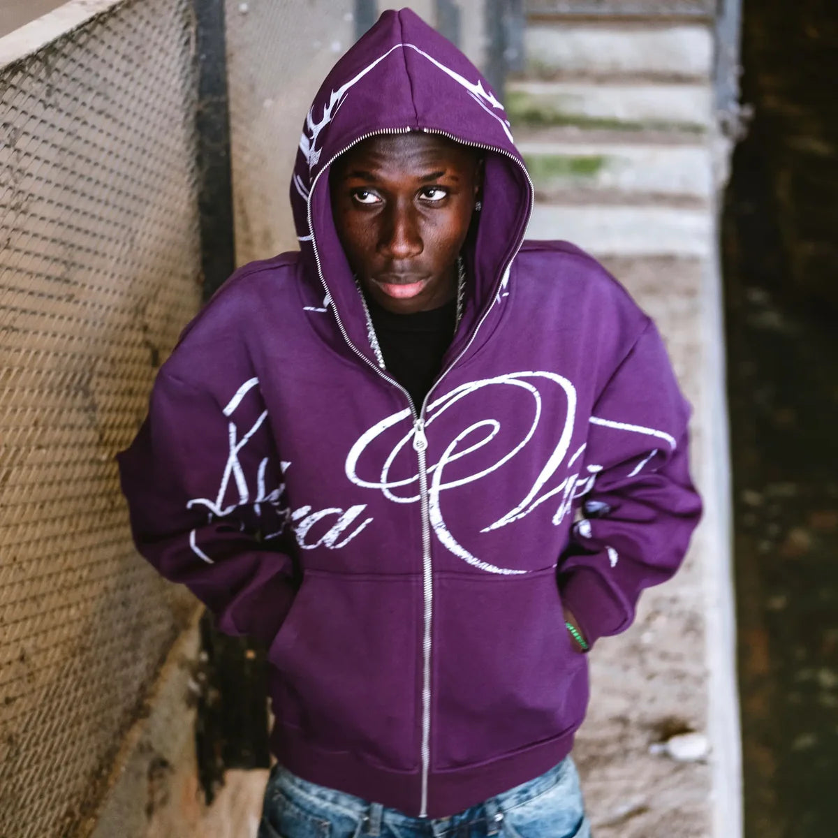 Demon Script Zip Hoodie — Purple