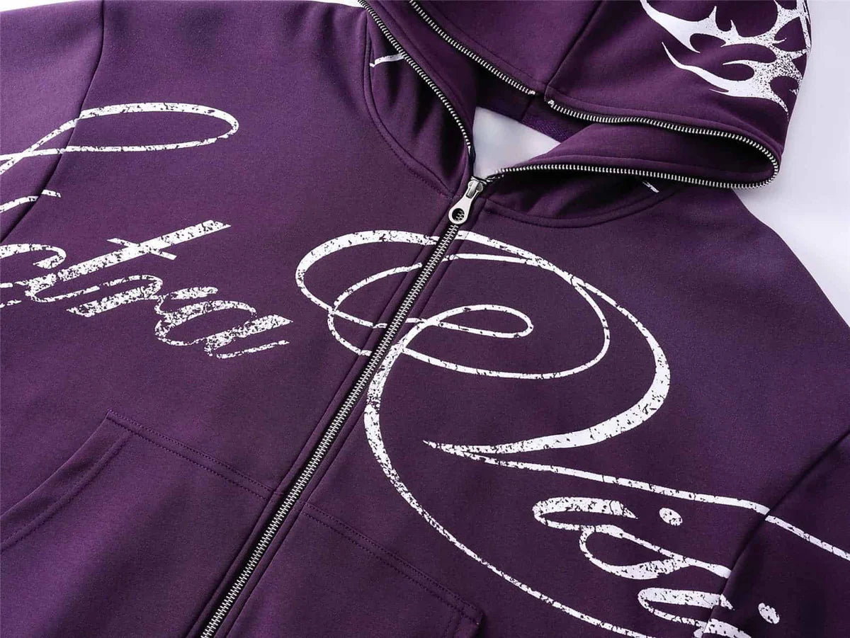 Demon Script Zip Hoodie — Purple