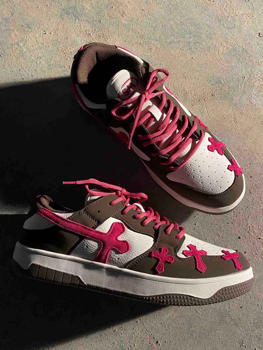 Pink Cross Sneakers — Brown/White