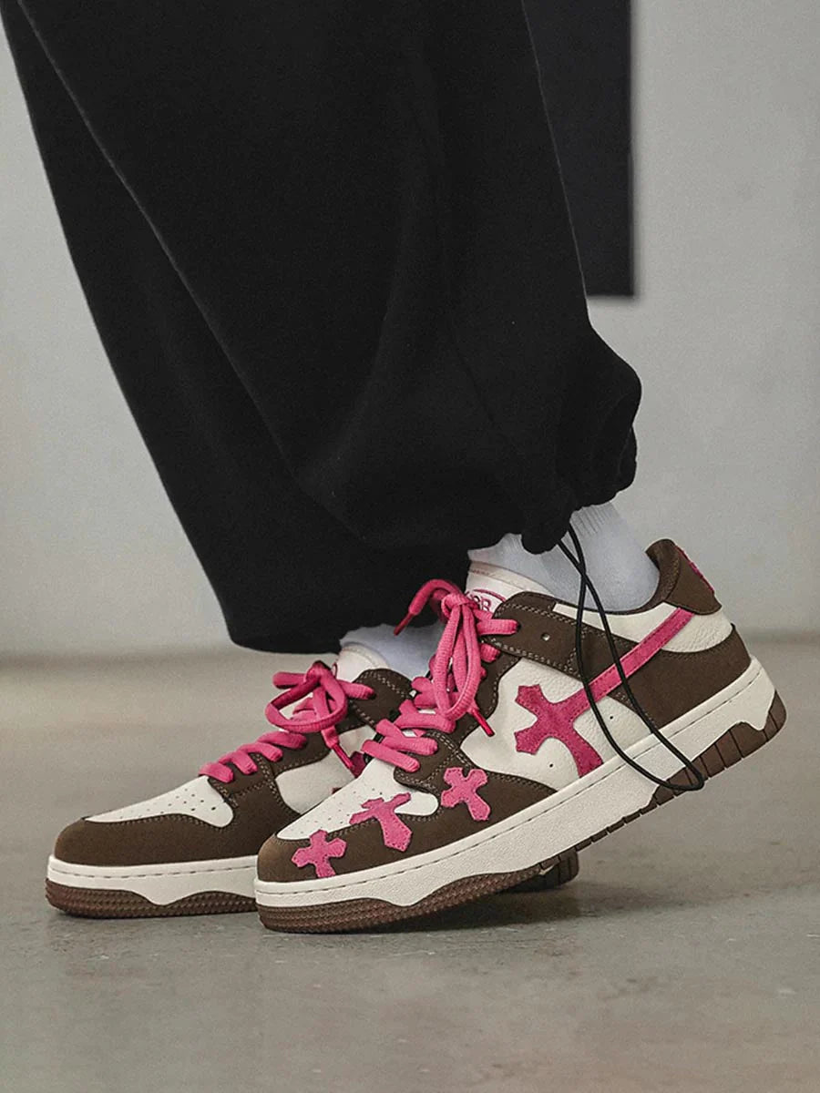Pink Cross Sneakers — Brown/White