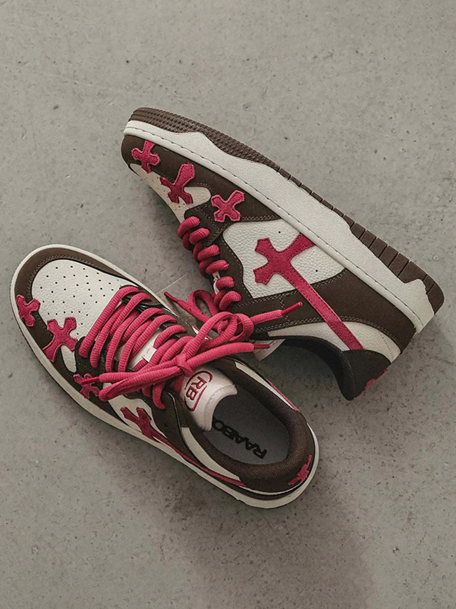 Pink Cross Sneakers — Brown/White
