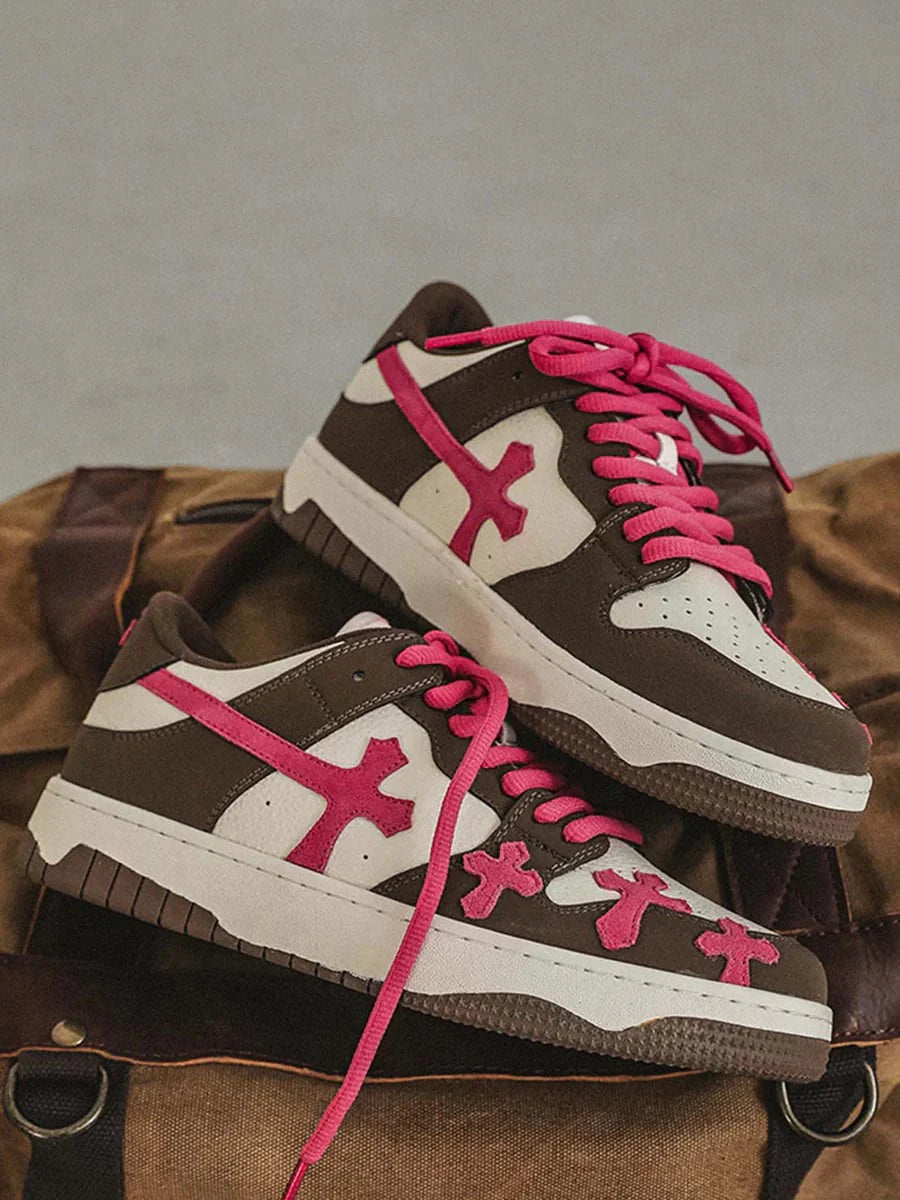 Pink Cross Sneakers — Brown/White