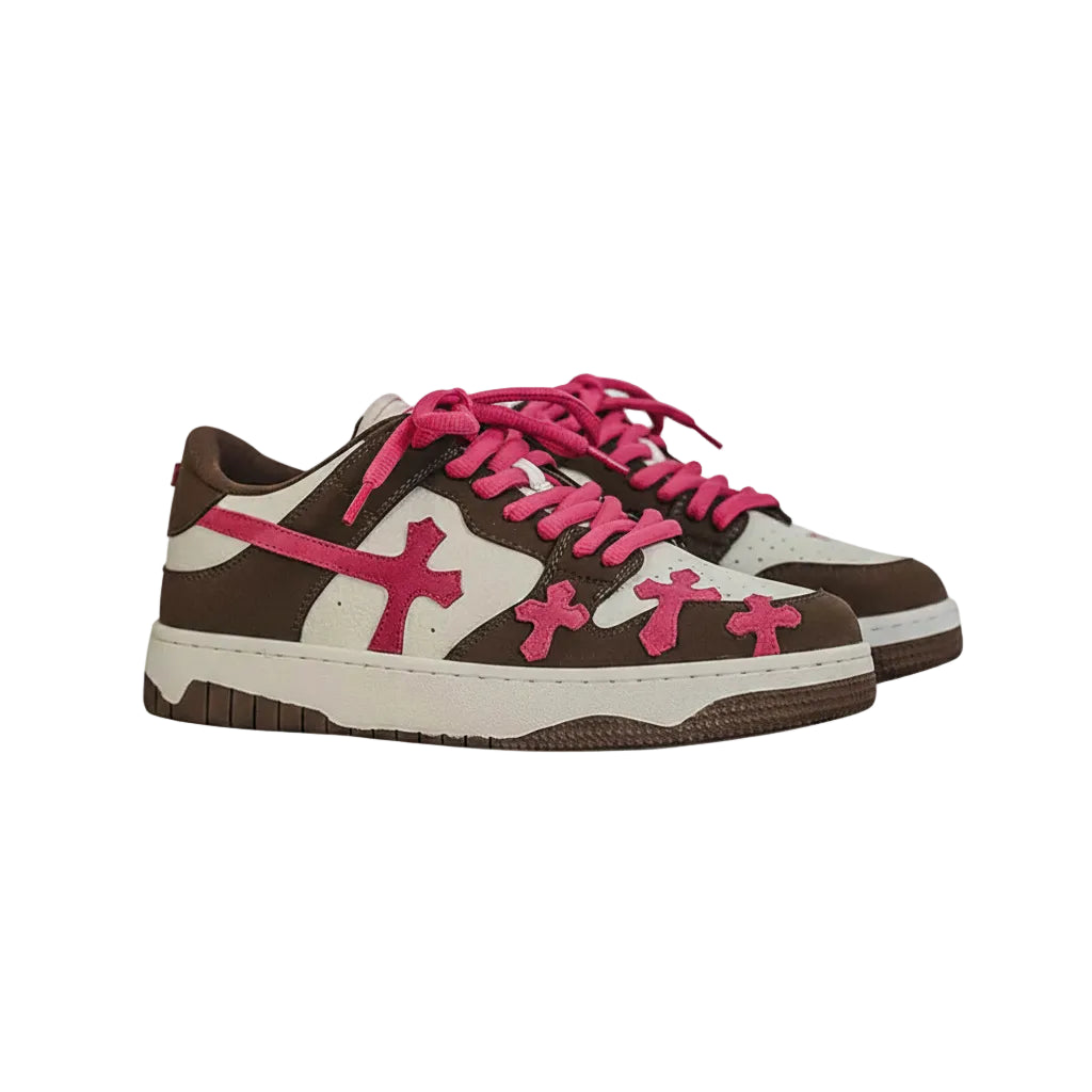 Pink Cross Sneakers — Brown/White
