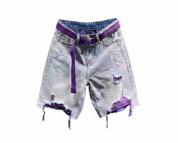 Purple Belt Distressed Denim Shorts