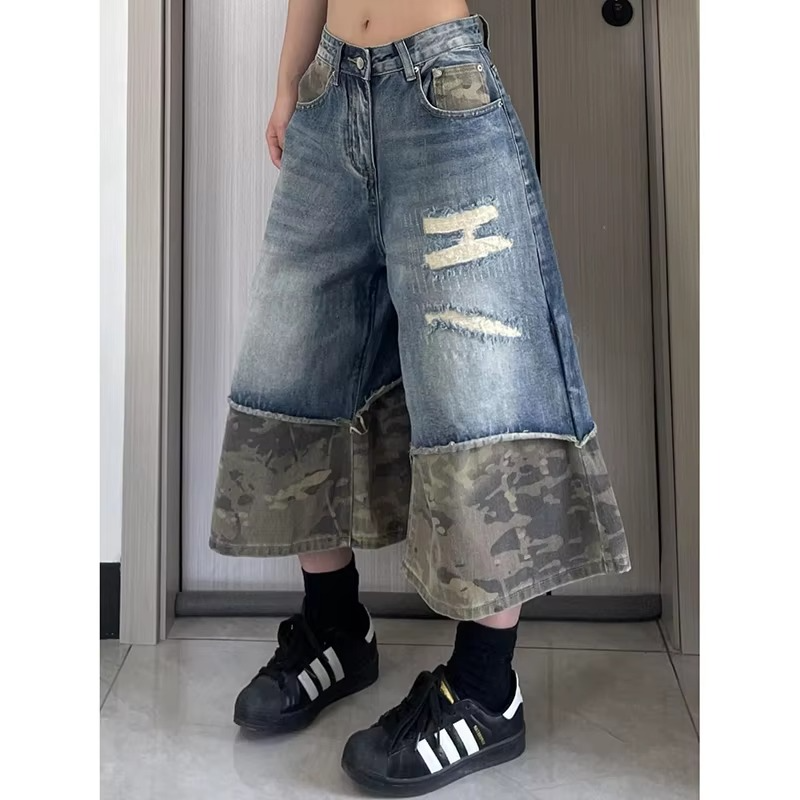 Camo Panel Baggy Denim Shorts
