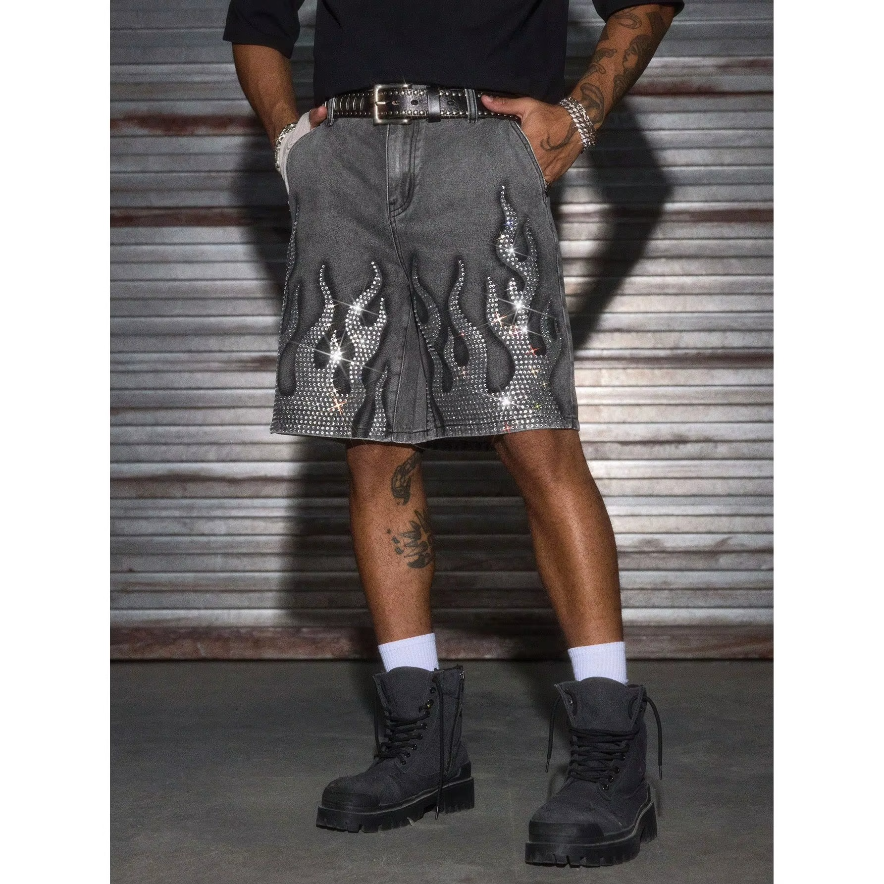 Rhinestone Flame Denim Shorts