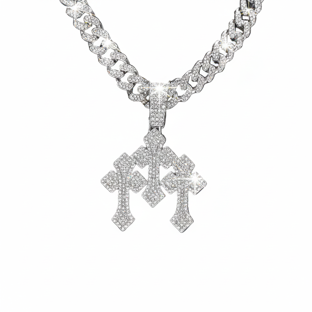 Iced Out Triple Cross Pendant Necklace