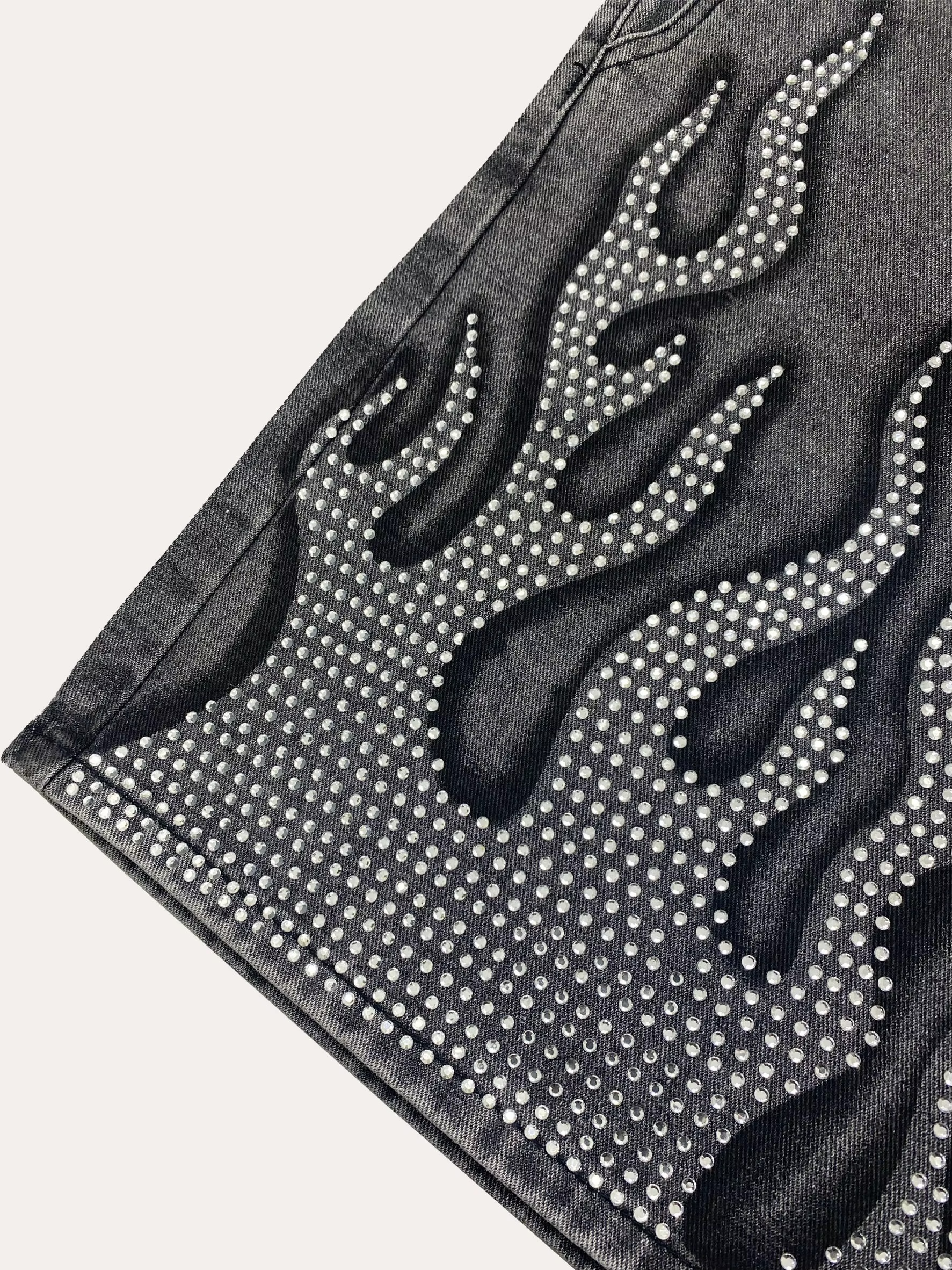 Rhinestone Flame Denim Shorts