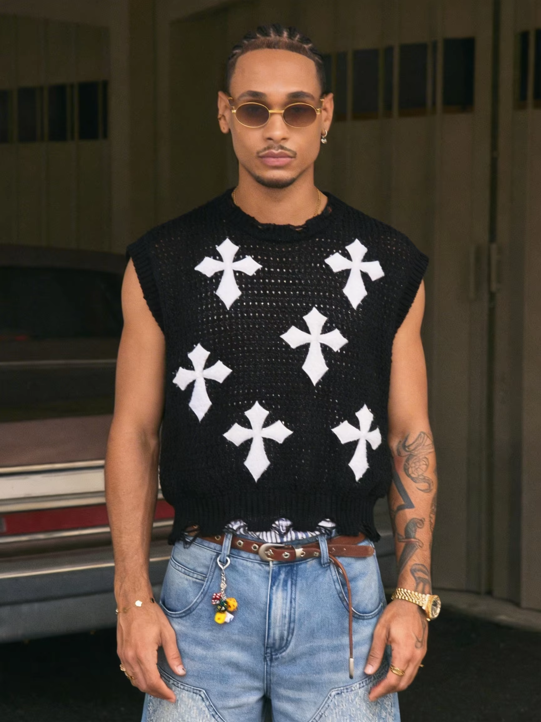 Cross Knit Vest — Black