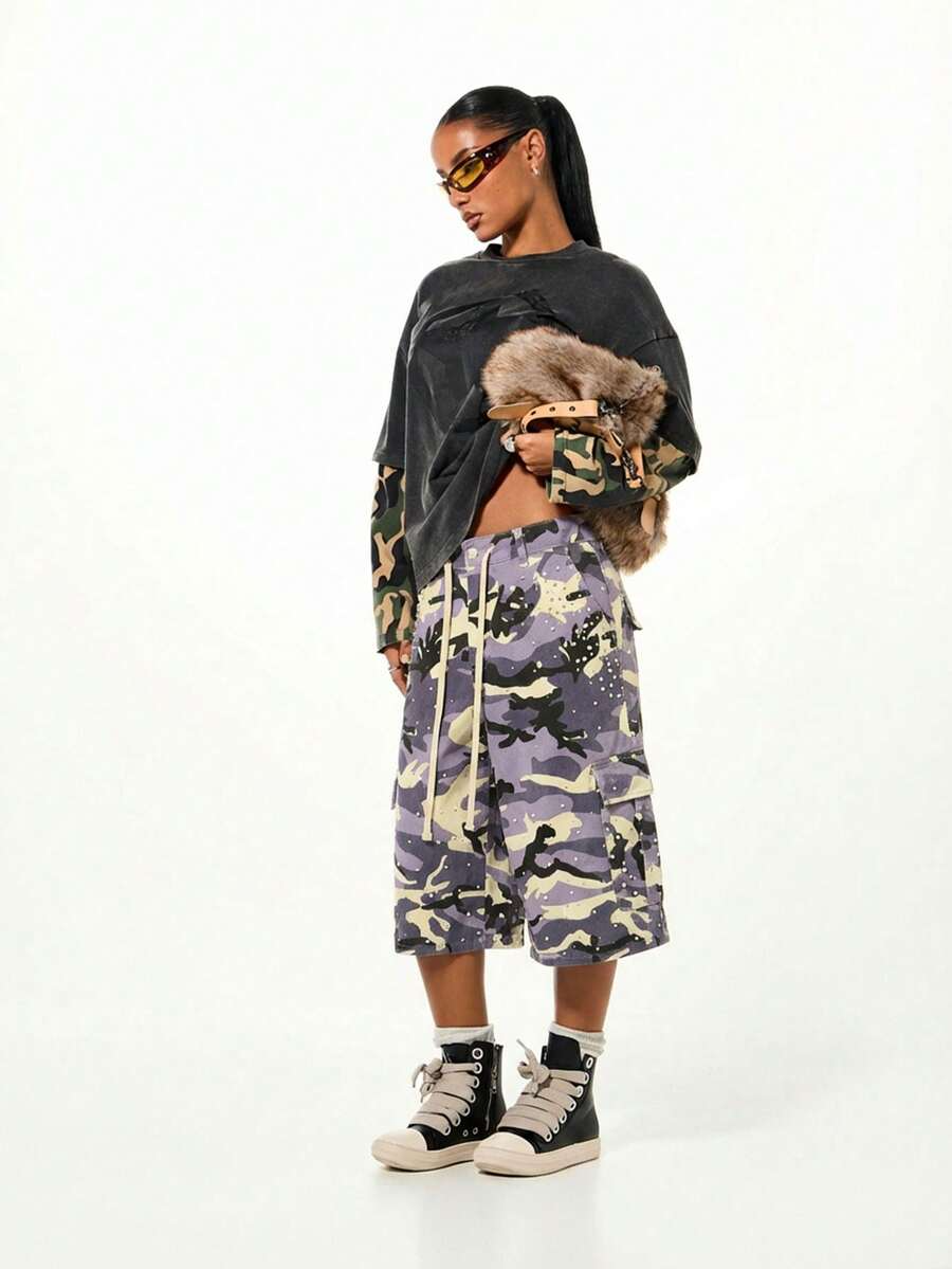 Camo Cargo Denim Purple Shorts