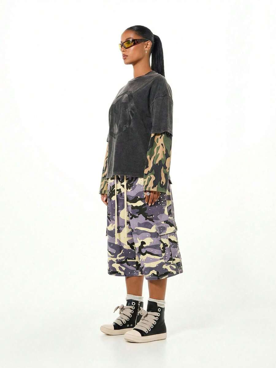 Camo Cargo Denim Purple Shorts