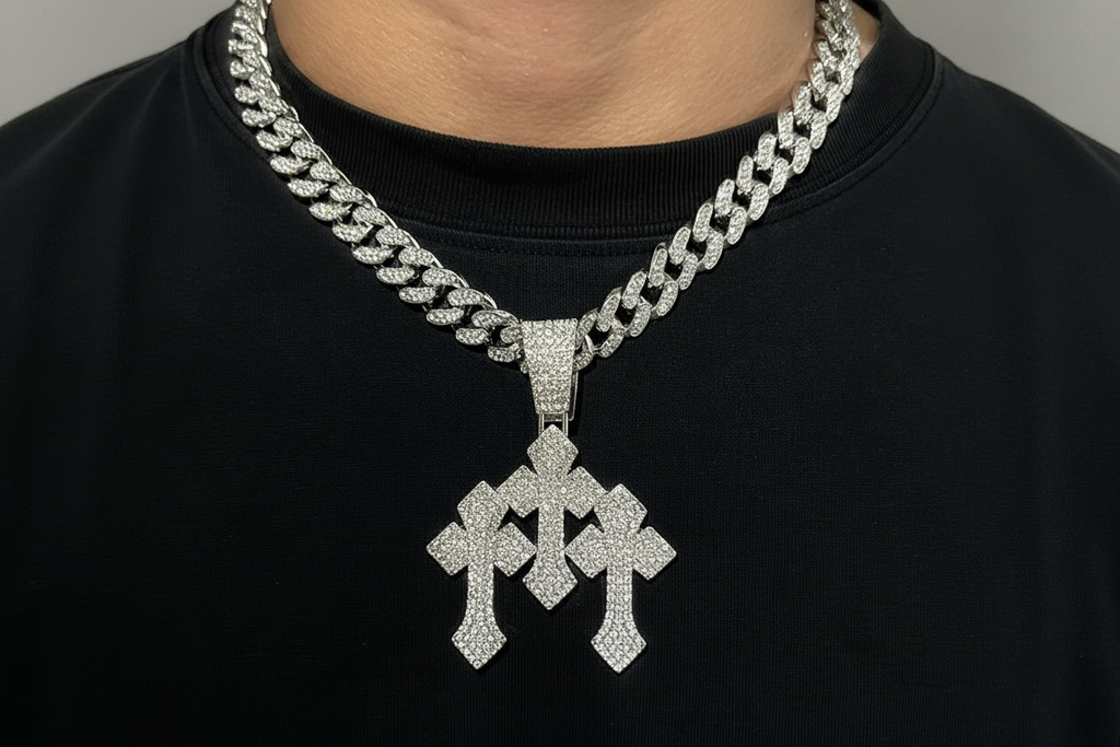 Iced Out Triple Cross Pendant Necklace