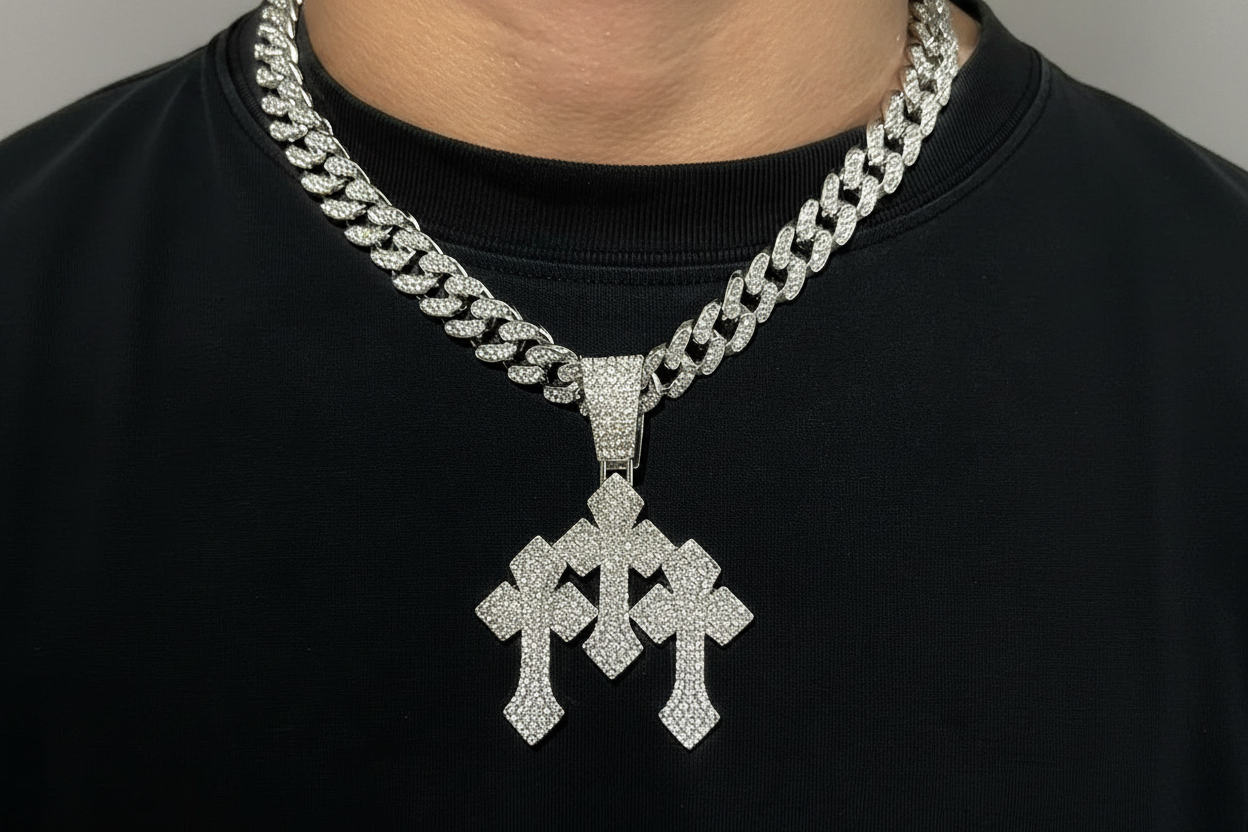 Iced Out Triple Cross Pendant Necklace
