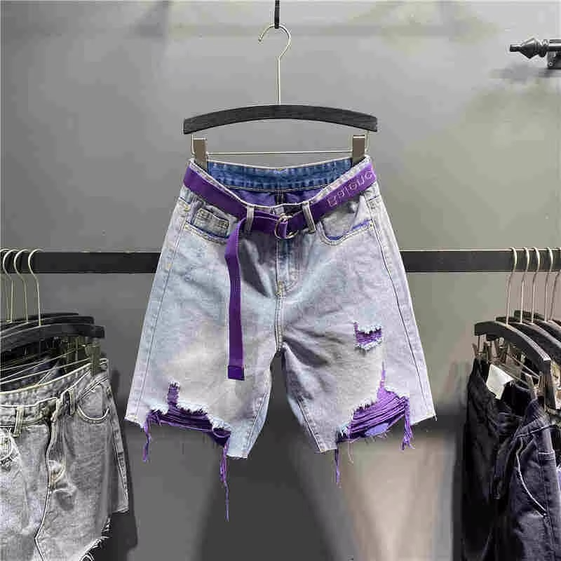 Purple Belt Distressed Denim Shorts