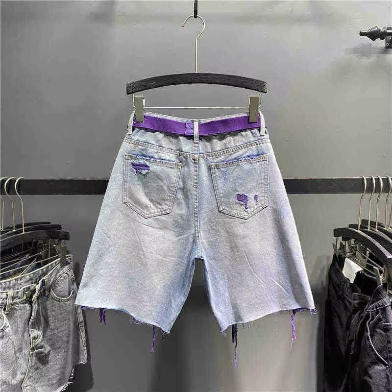 Purple Belt Distressed Denim Shorts