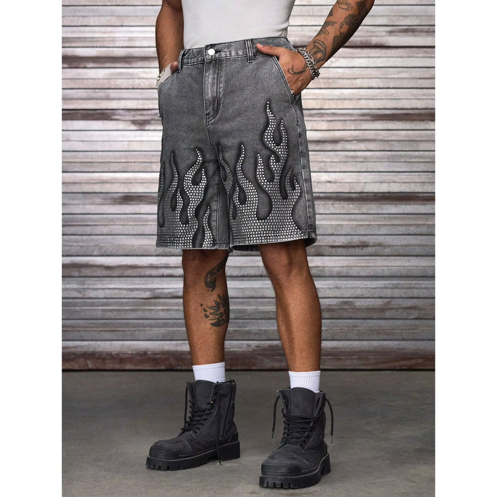 Rhinestone Flame Denim Shorts