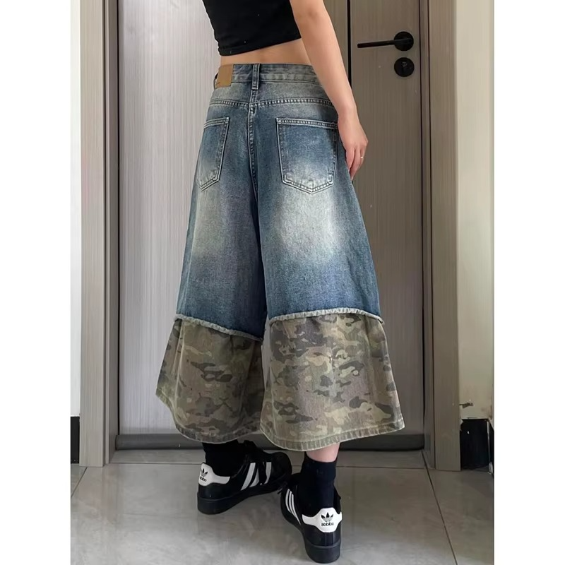 Camo Panel Baggy Denim Shorts