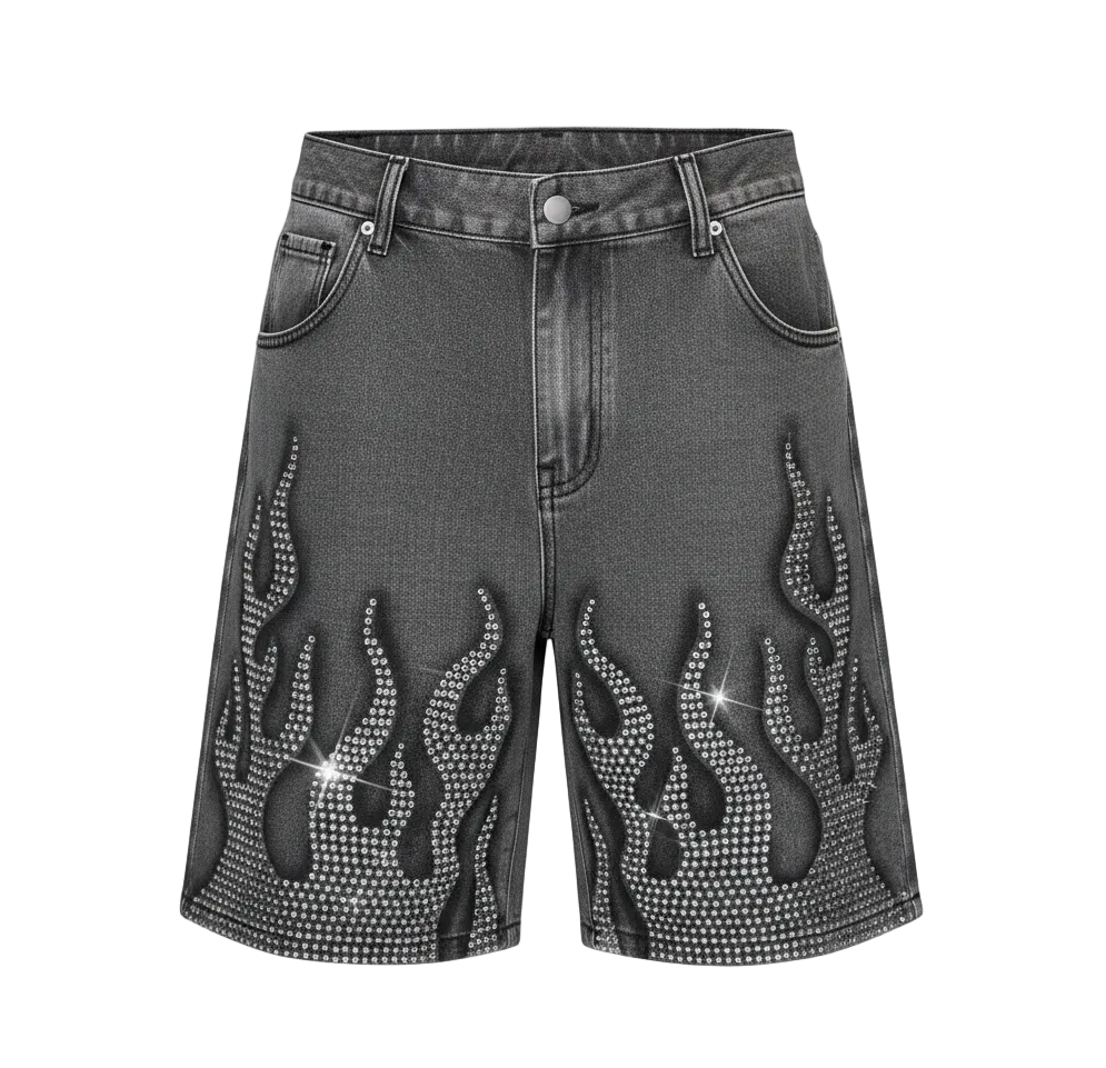 Rhinestone Flame Denim Shorts
