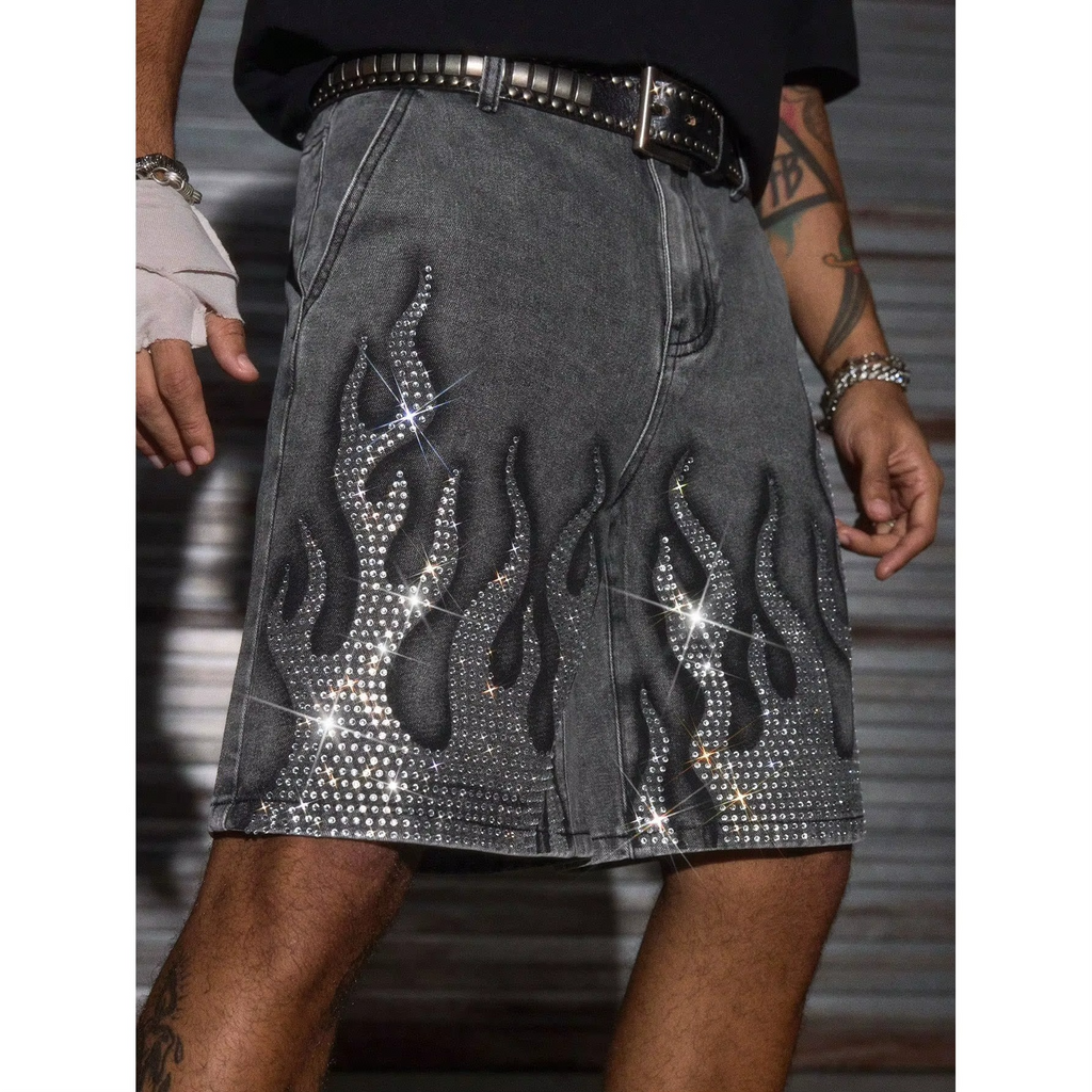 Rhinestone Flame Denim Shorts