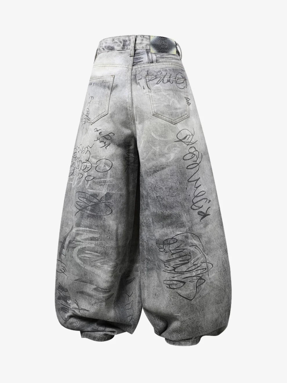 Graffiti Print Balloon Denim — Ice Grey