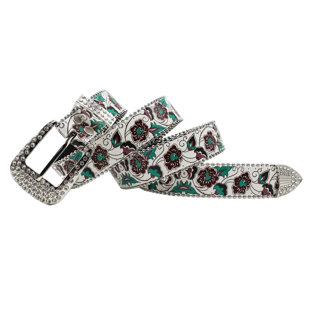 Floral Rhinestone Western Belt — White/Green