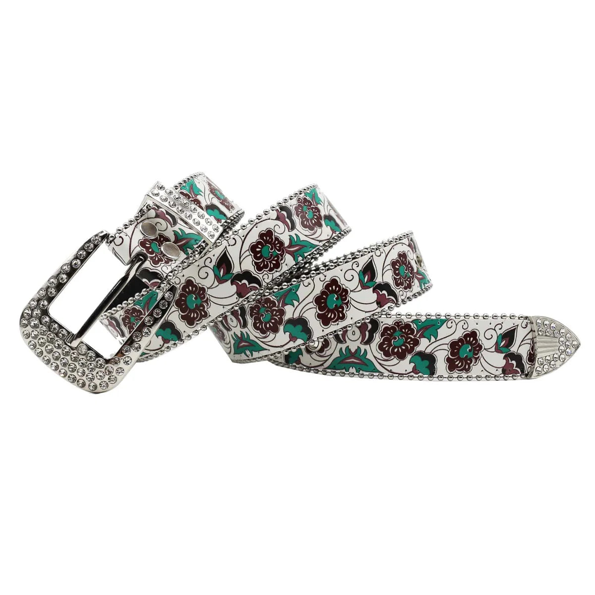 Floral Rhinestone Western Belt — White/Green