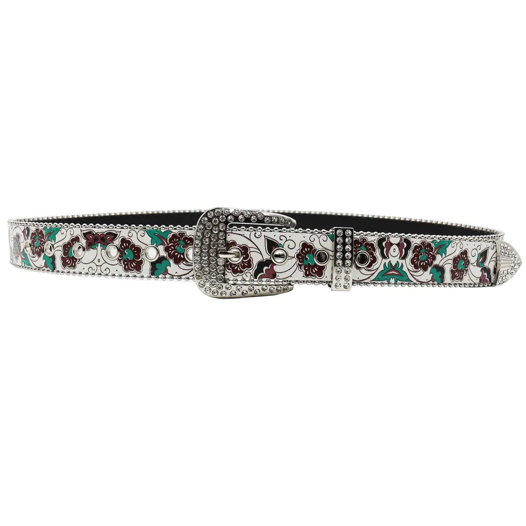 Floral Rhinestone Western Belt — White/Green