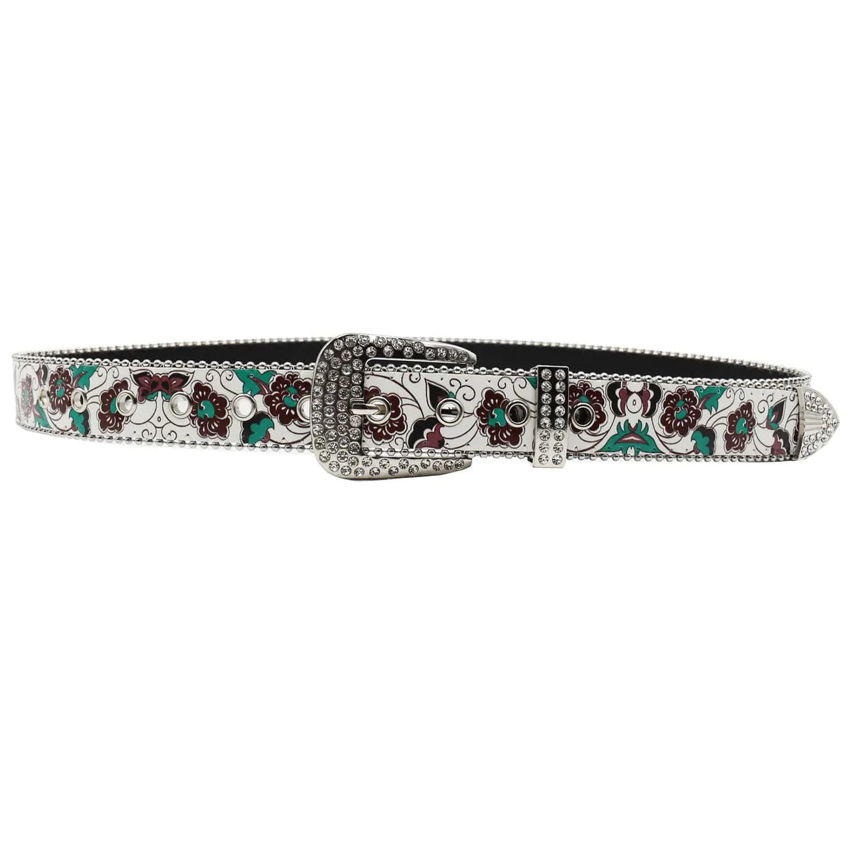Floral Rhinestone Western Belt — White/Green