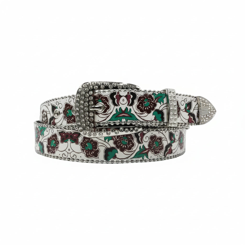 Floral Rhinestone Western Belt — White/Green