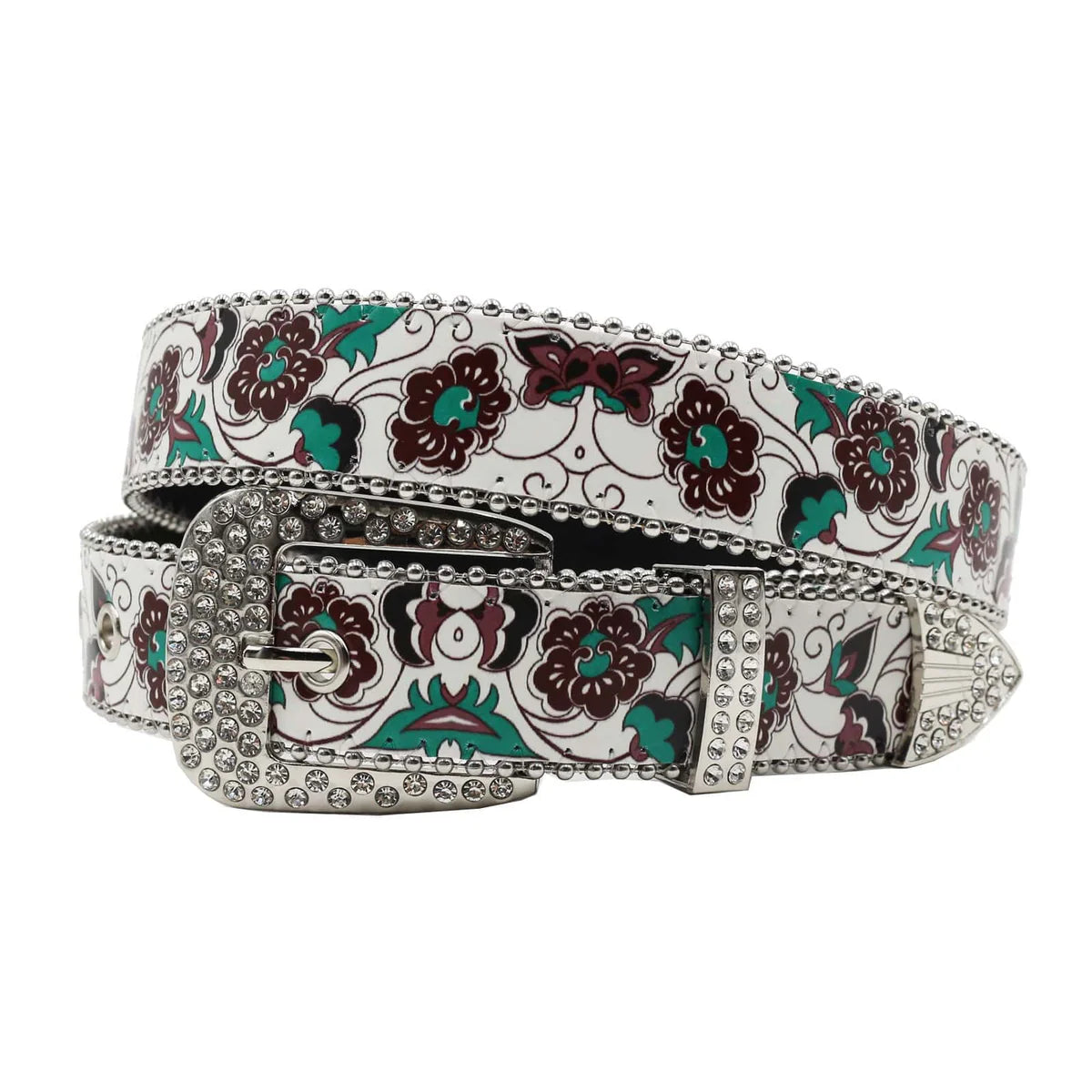 Floral Rhinestone Western Belt — White/Green
