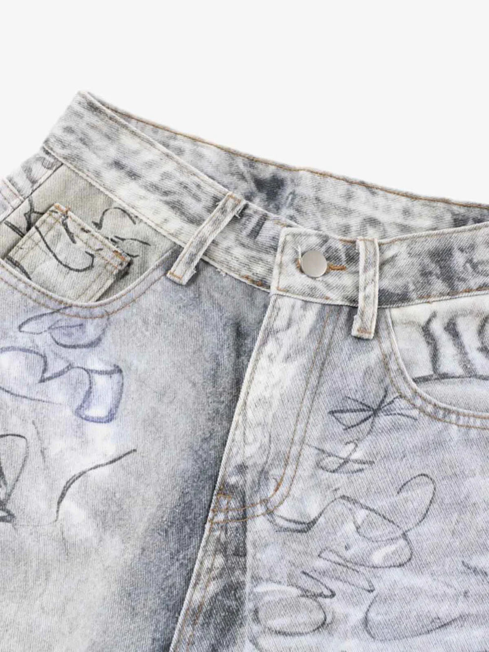 Graffiti Print Balloon Denim — Ice Grey