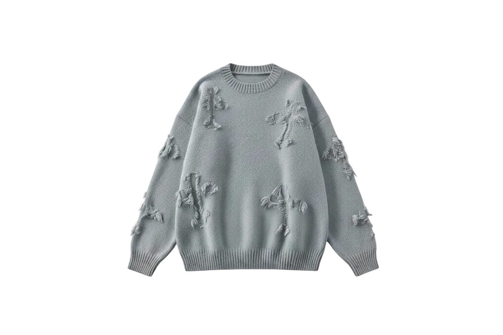 Distressed Grey Sweater – sfondo bianco, frontale, senza etichetta