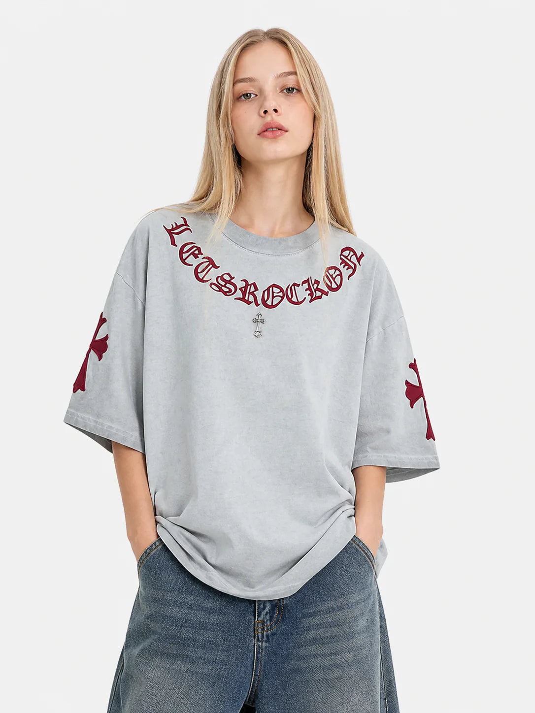 Letsrockon Cross Embroidered T-Shirt