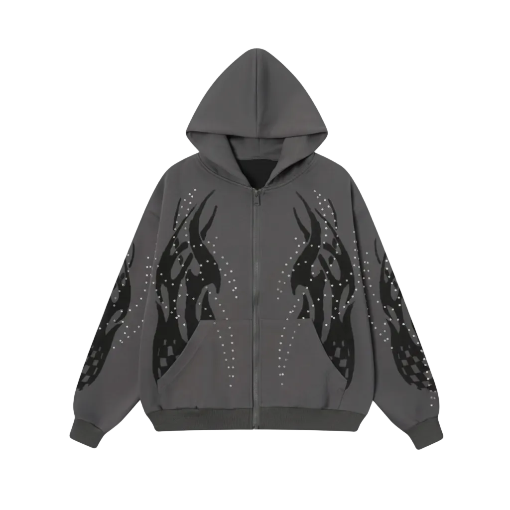 Flame Rhinestone Zip Hoodie Cold Archive frontale
