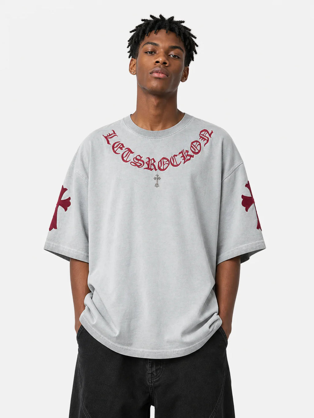 Letsrockon Cross Embroidered T-Shirt